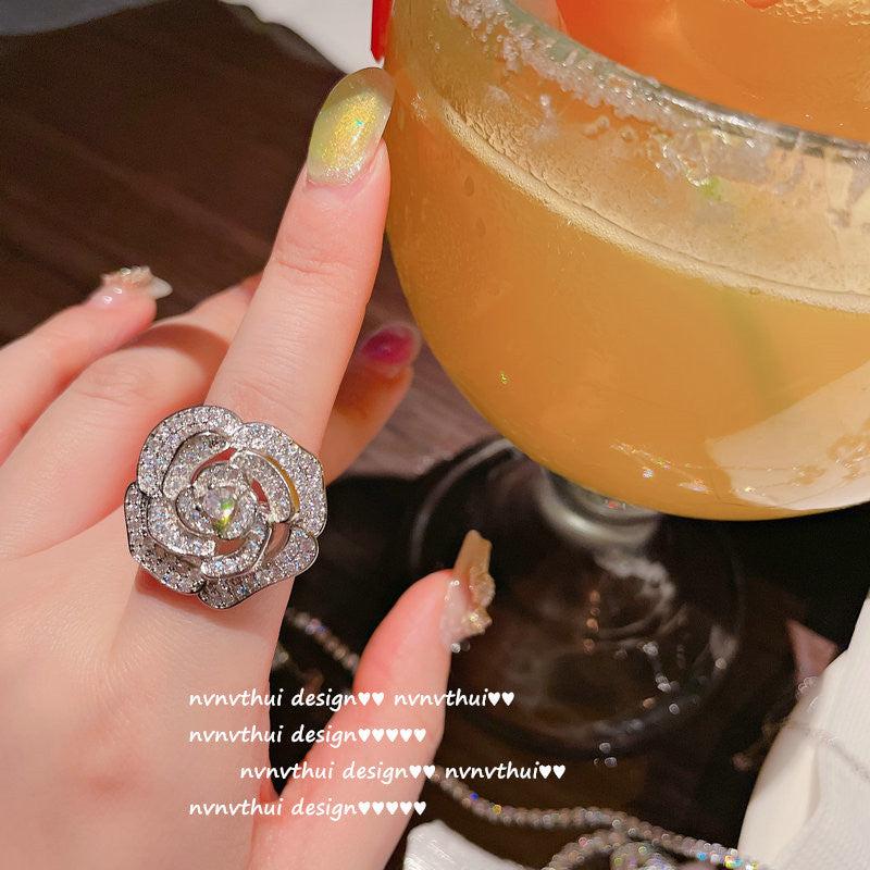 Handcrafted Sparkling Rose Flower Jewelry Set - Necklace, Ring, and Earrings