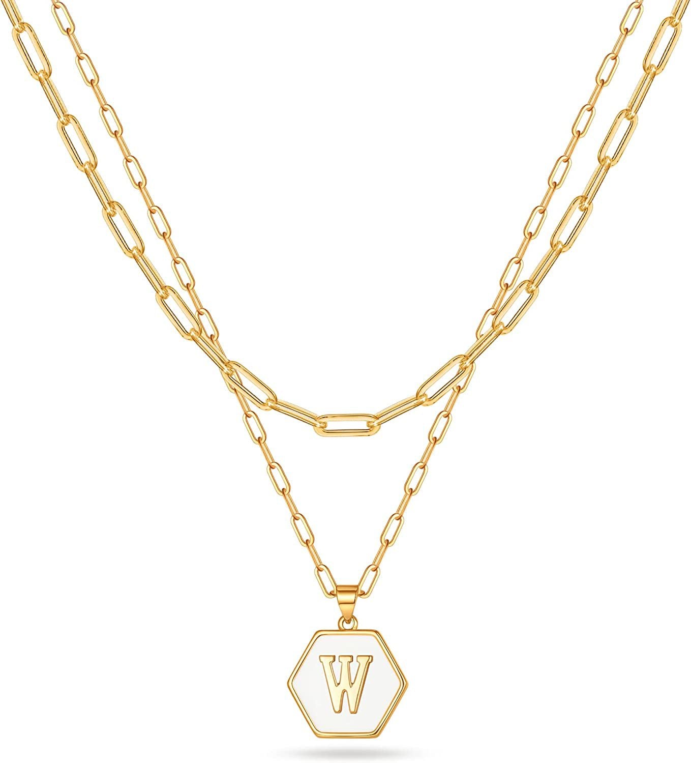 Initial A-Z Letter Pendant Necklace 18K Gold Plated Layered Paperclip Chain Necklace