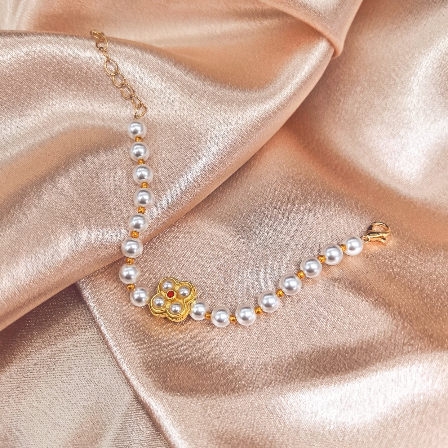 Handcrafted Pearl Bracelet with Gold Flower Pendant
