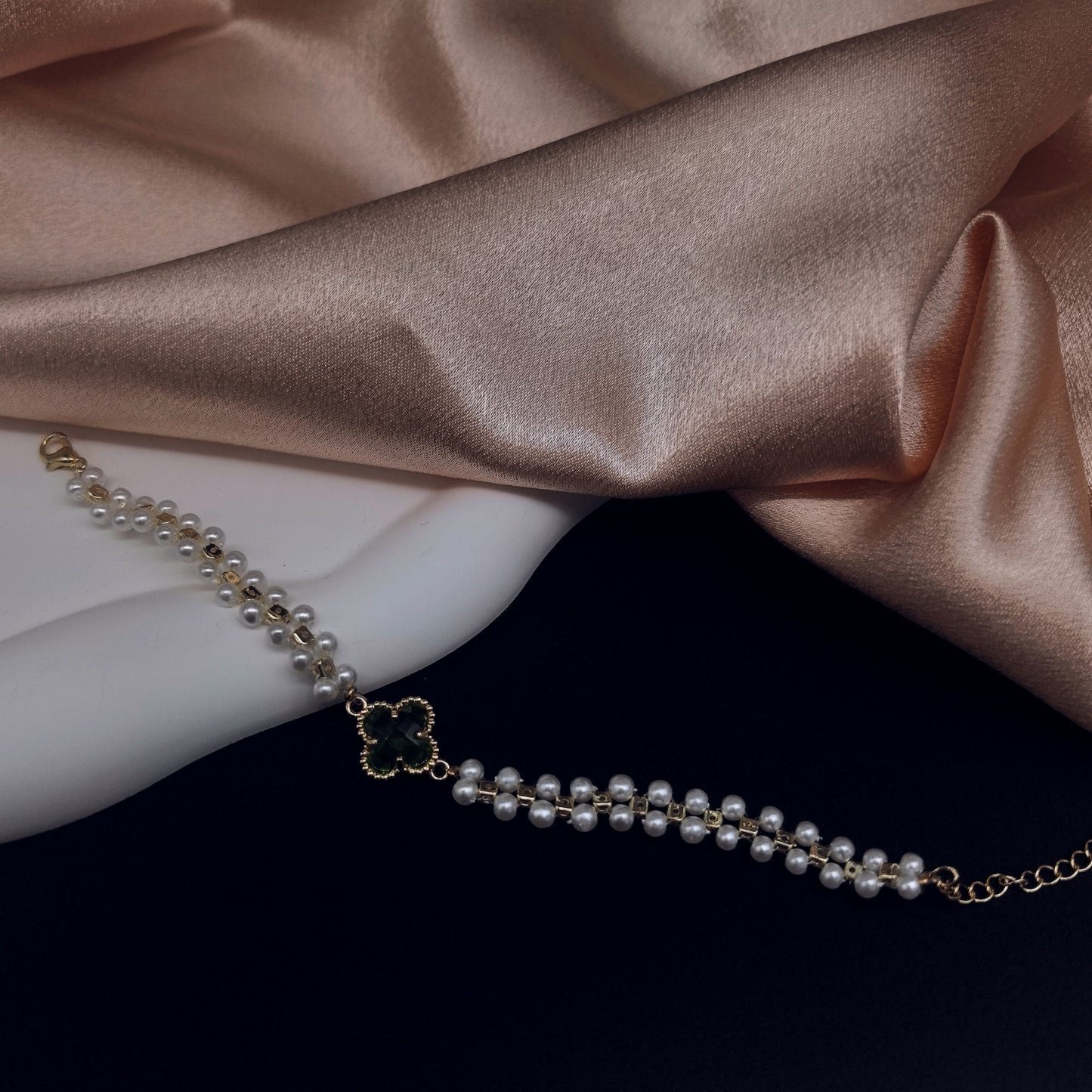 Charming Pearl Bracelet with Gold Clover Charm