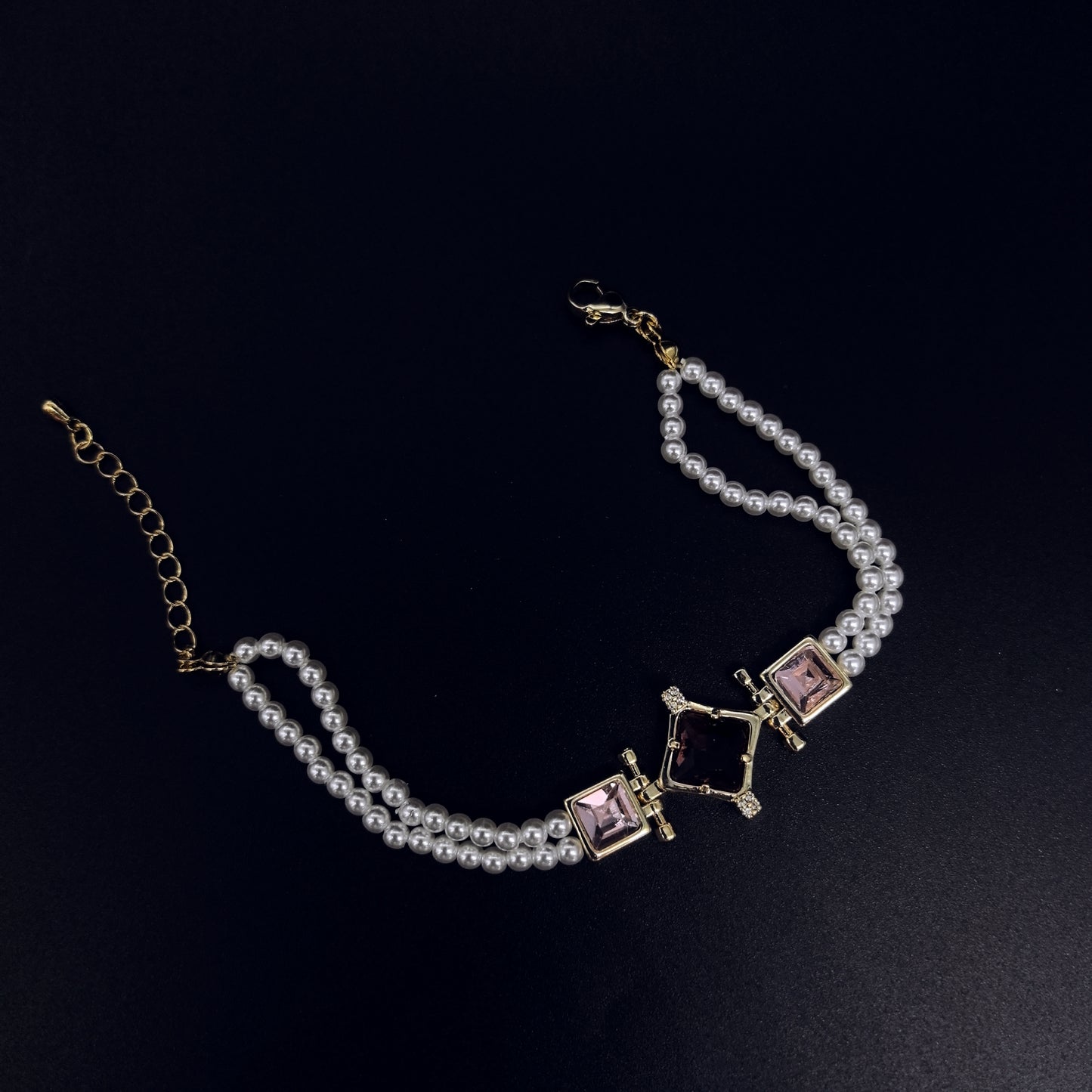 Chic Double-Strand Pearl Bracelet with Square Crystal Charms