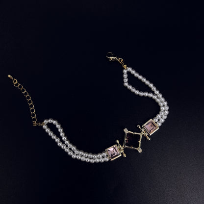 Chic Double-Strand Pearl Bracelet with Square Crystal Charms
