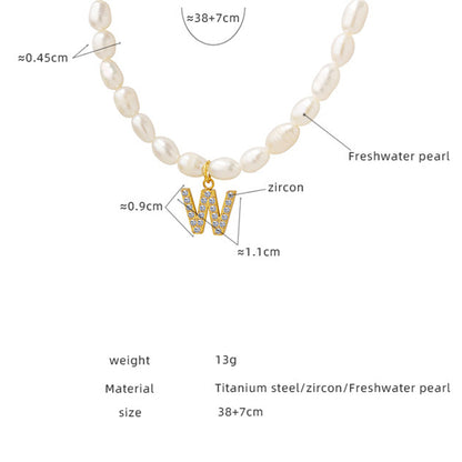Initial A-Z Cubic Zircon Letter Pendant Dainty Pearl Necklace