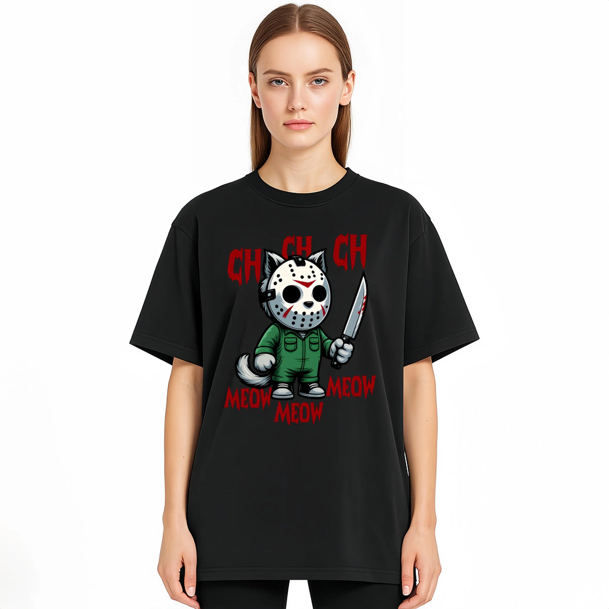Spooky Cat Graphic T-Shirt – Cute Horror Halloween Tee sweatshirt Hoodie for Cat Lovers