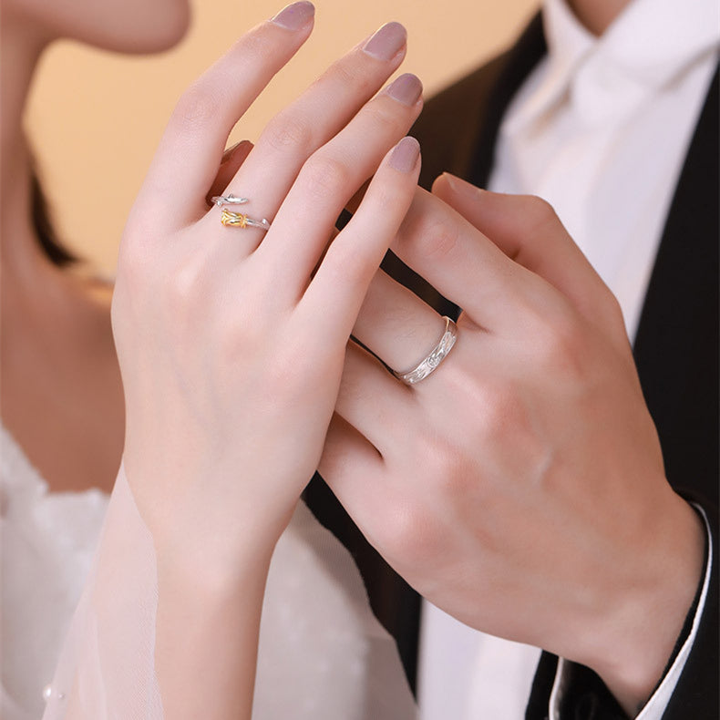 The Little Prince and Roses S925 Sterling Silver Adjustable Couple Rings