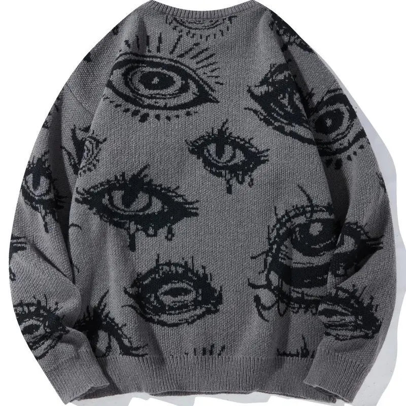 All-Over Eye Pattern Knit Sweater – Vintage Streetwear Crewneck Pullover