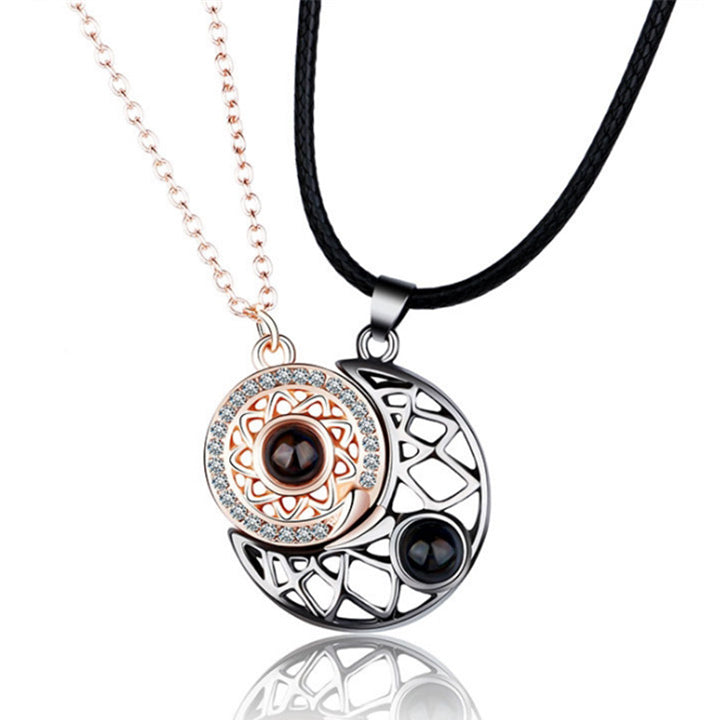 Sun and Moon Matching Couple Necklace for Her Him 100 Languages Love