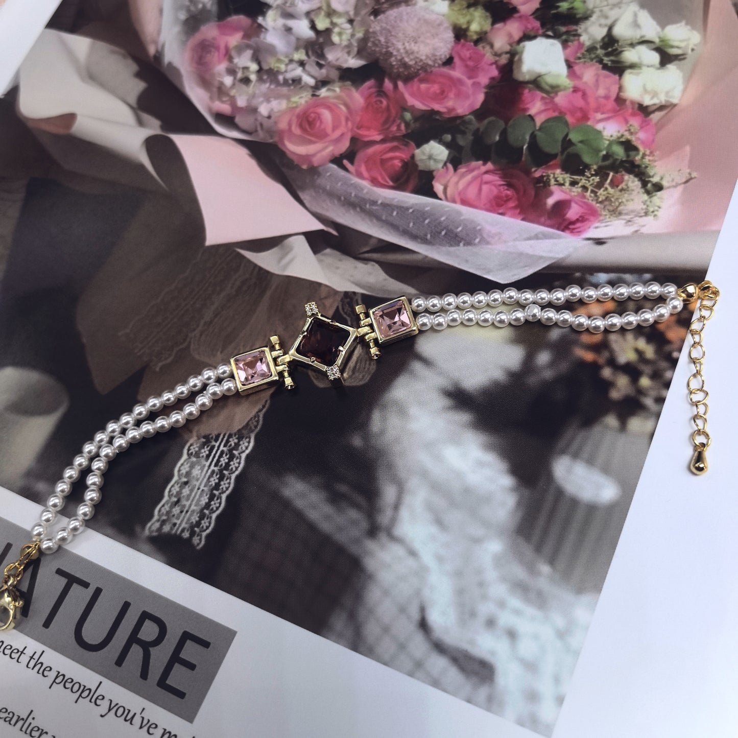 Chic Double-Strand Pearl Bracelet with Square Crystal Charms