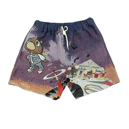 Purple Cartoon Bear Woven Tapestry Shorts