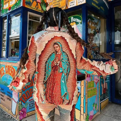 Virgin Mary Tapestry Zip Jacket – Woven Jacquard Religious Art Jacket