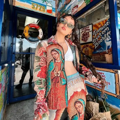 Virgin Mary Tapestry Zip Jacket – Woven Jacquard Religious Art Jacket