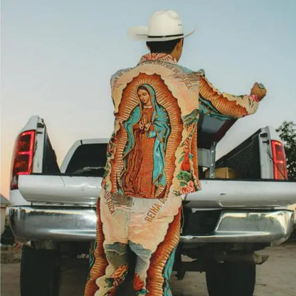 Virgin Mary Tapestry Zip Jacket – Woven Jacquard Religious Art Jacket