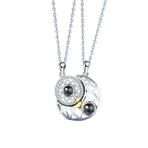 Sun and Moon Matching Couple Necklace for Her Him 100 Languages Love