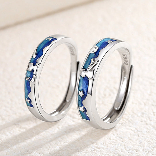The Little Prince and Fox S925 Sterling Silver Couple Finger Ring Enamel