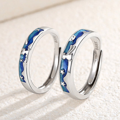 The Little Prince and Fox S925 Sterling Silver Couple Finger Ring Enamel