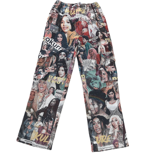 Pop Culture Collage Woven Jacquard Tapestry Cargo Pants