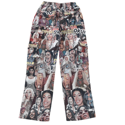 Pop Culture Collage Woven Jacquard Tapestry Cargo Pants
