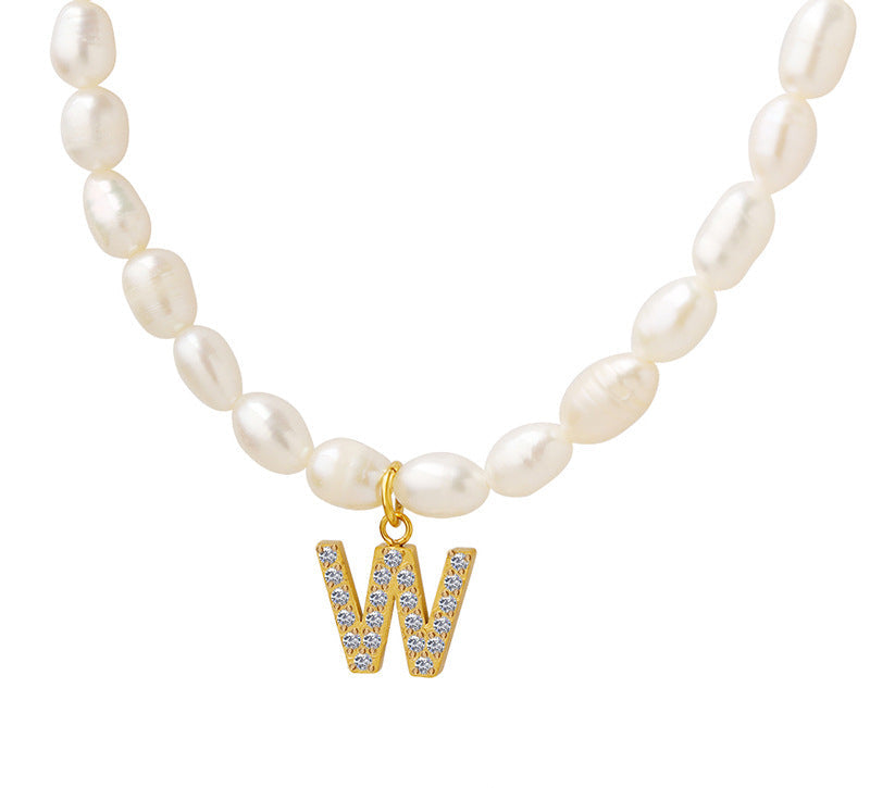 Initial A-Z Cubic Zircon Letter Pendant Dainty Pearl Necklace