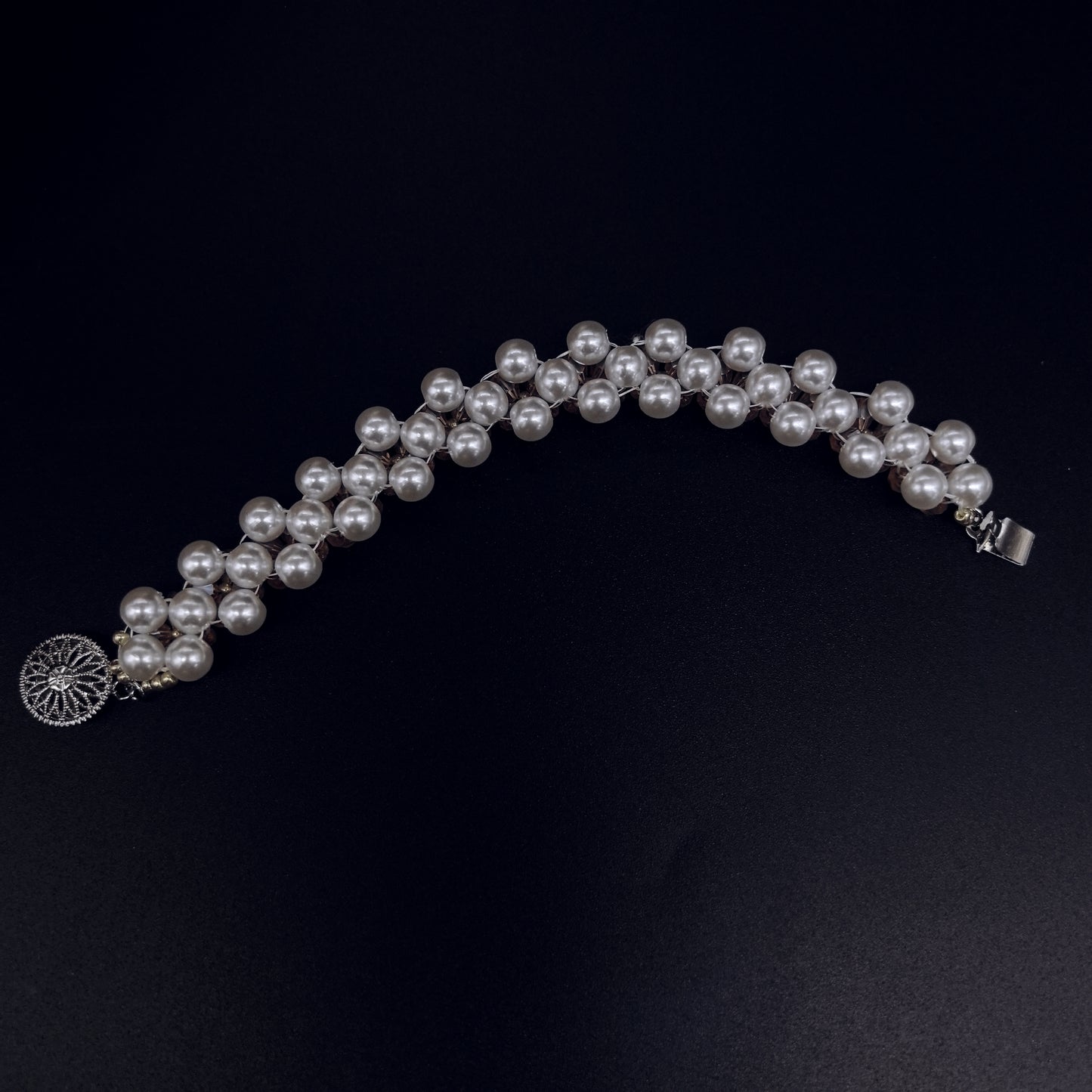 Charming Handcrafted Pink Floral Crystal and Pearl Bracelet