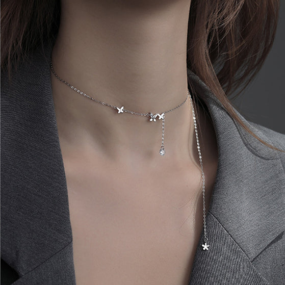 S925 Silver Triple Butterfly Layered Y Adjustable Chain Necklace