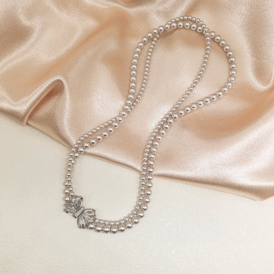 Handmade Chic Bow Embellished Double Strand Simulated Pearl Necklace
