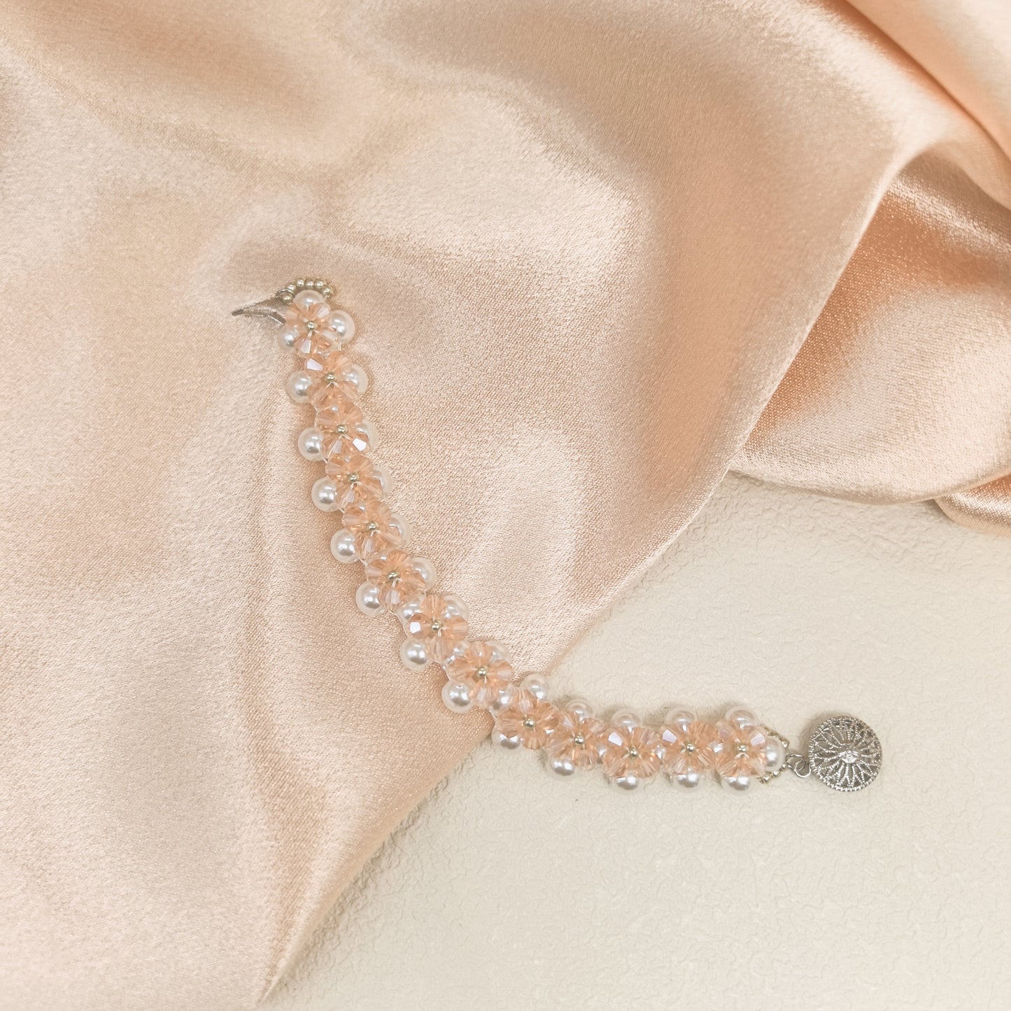 Charming Handcrafted Pink Floral Crystal and Pearl Bracelet