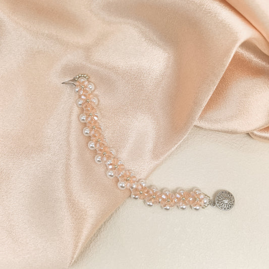 Charming Handcrafted Pink Floral Crystal and Pearl Bracelet