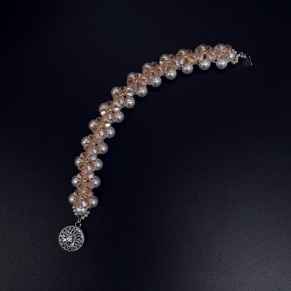 Charming Handcrafted Pink Floral Crystal and Pearl Bracelet