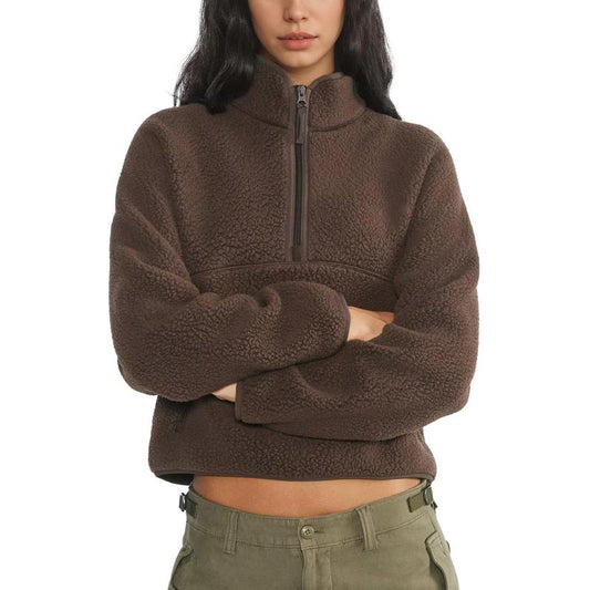 Women's Cropped Half Zip Sherpa Fleece Pullover, Warm Fuzzy Mock Neck Fall Sweater