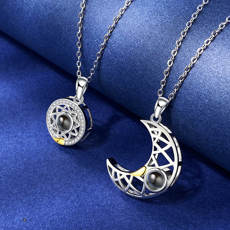 Sun and Moon Matching Couple Necklace for Her Him 100 Languages Love