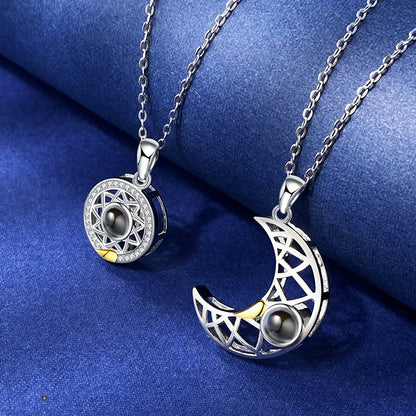 Sun and Moon Matching Couple Necklace for Her Him 100 Languages Love