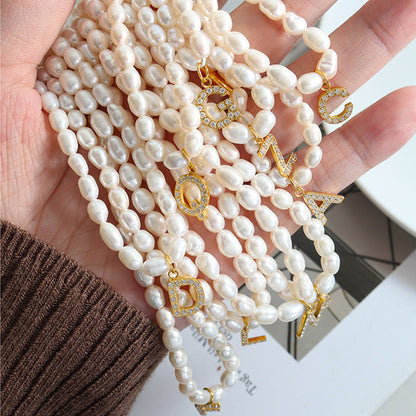 Initial A-Z Cubic Zircon Letter Pendant Dainty Pearl Necklace