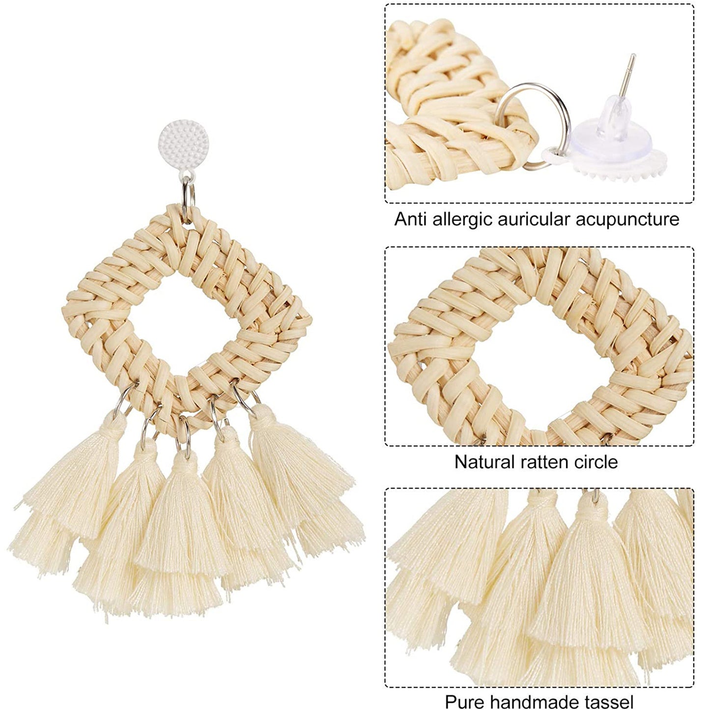 Handmade Straw Wicker Braid Drop Dangle Bohemian Earrings