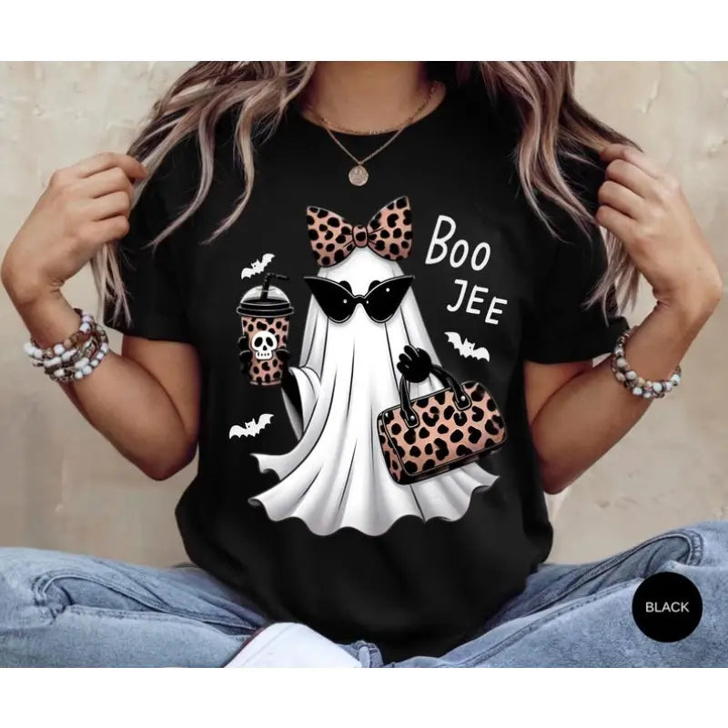 Boo-Jee Ghost Halloween T-Shirt – Leopard Bow Cute Spooky Graphic Tee