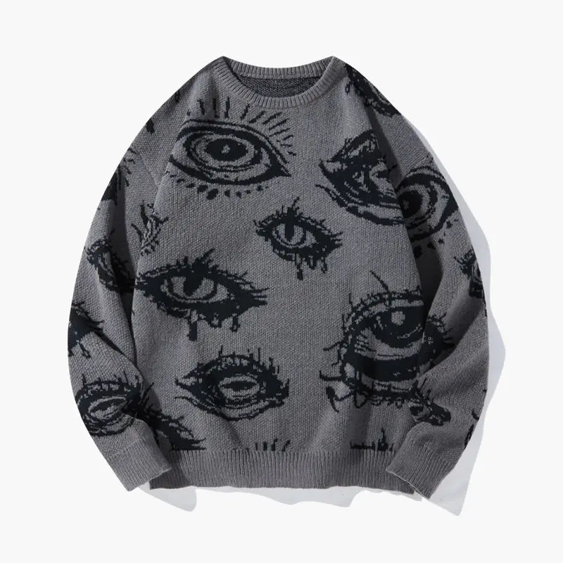 All-Over Eye Pattern Knit Sweater – Vintage Streetwear Crewneck Pullover
