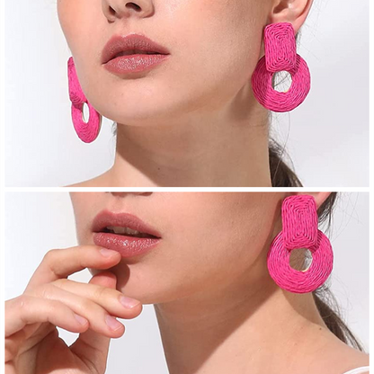 Round Rattan Bohemian Resort Earrings Handmade Straw Drop Dangle Earrings