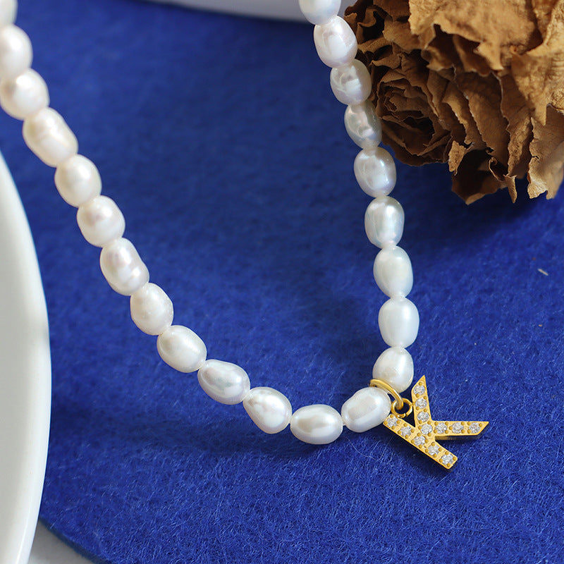 Initial A-Z Cubic Zircon Letter Pendant Dainty Pearl Necklace