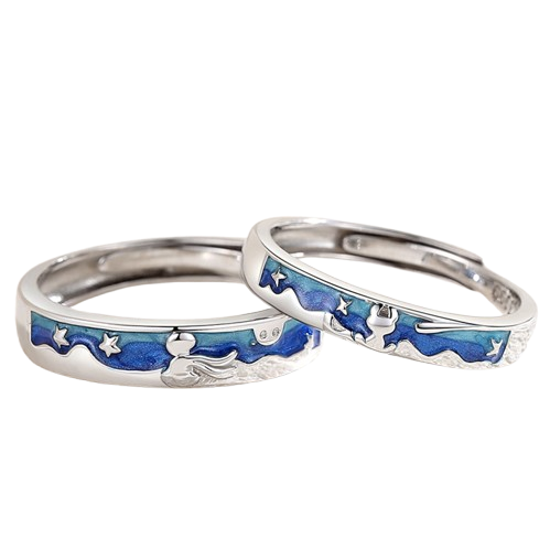 The Little Prince and Fox S925 Sterling Silver Couple Finger Ring Enamel