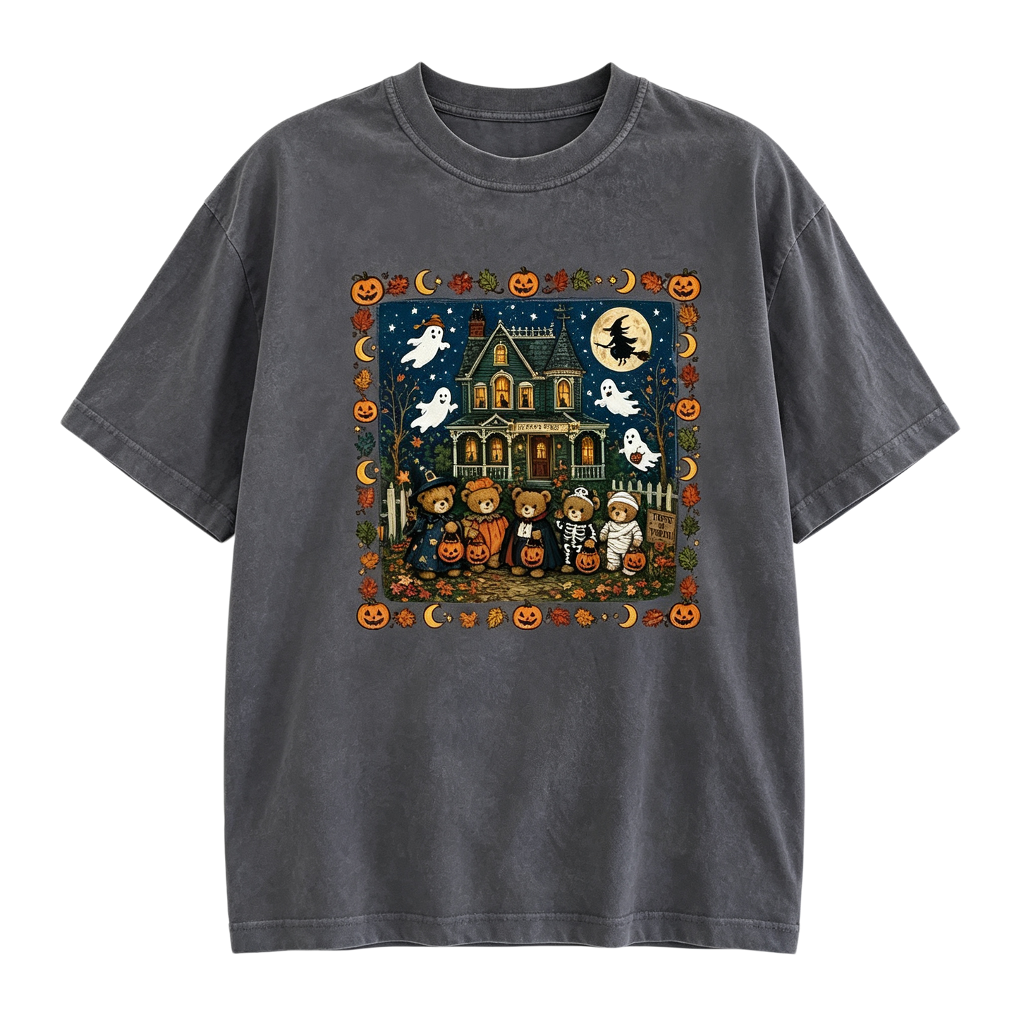 Vintage Halloween Ghost House Graphic T-Shirt – Spooky Season Oversized Tee