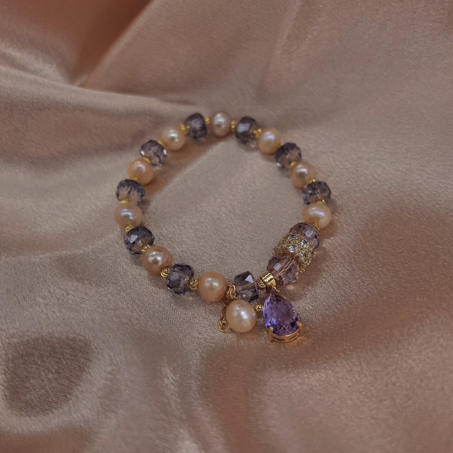 Pearl and Crystal Bracelet with Purple Teardrop Pendant