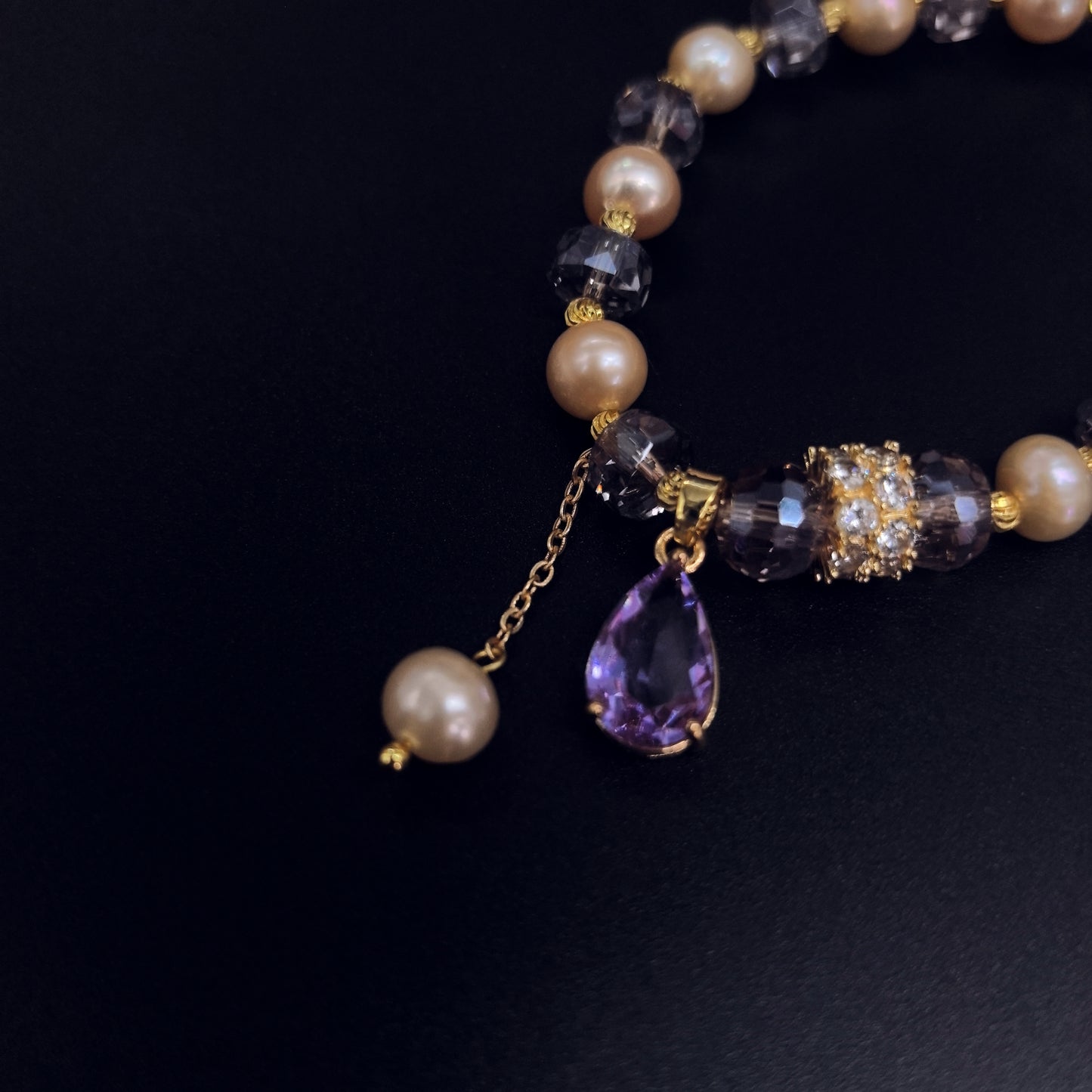 Pearl and Crystal Bracelet with Purple Teardrop Pendant