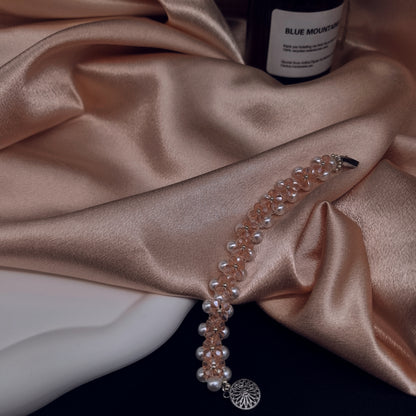 Charming Handcrafted Pink Floral Crystal and Pearl Bracelet