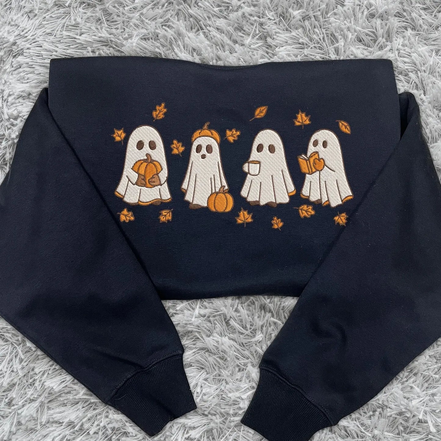 Vintage Ghost Embroidery Sweatshirt | Cozy Black Halloween Pullover