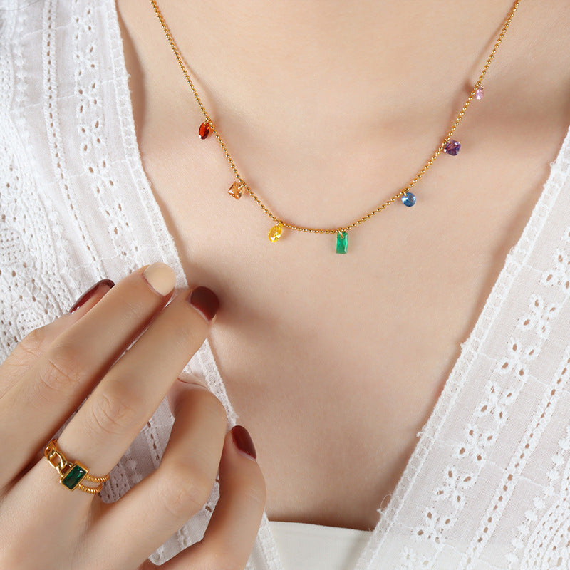 Colorful Jewel Necklace Boho Zircon Dainty Rainbow Necklace