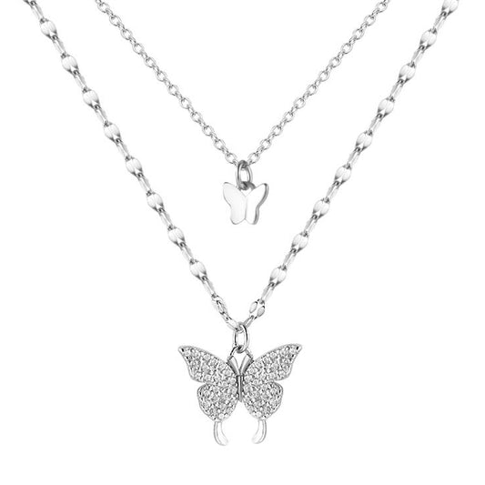 S925 Double Butterfly Layered Choker Lace Chain Necklace