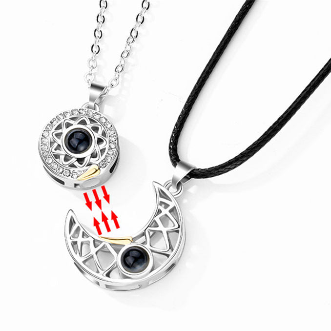 Sun and Moon Matching Couple Necklace for Her Him 100 Languages Love