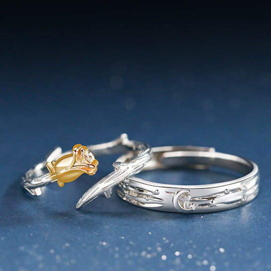 The Little Prince and Roses S925 Sterling Silver Adjustable Couple Rings