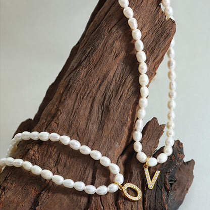 Initial A-Z Cubic Zircon Letter Pendant Dainty Pearl Necklace