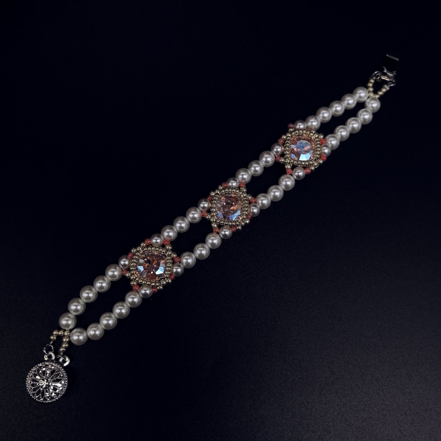 Handcrafted Pearl and Crystal Bracelet with Intricate Beadwork