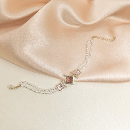 Chic Double-Strand Pearl Bracelet with Square Crystal Charms
